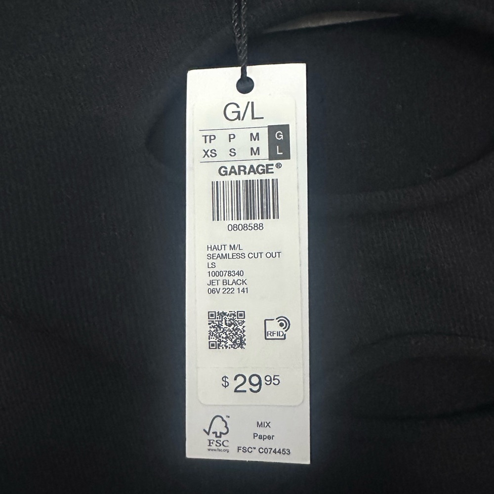 NWT GARAGE Size L Black Sexy Long Sleeved Ribbed Scoop Neck Cut-Out Crop Top - Picture 2 of 6